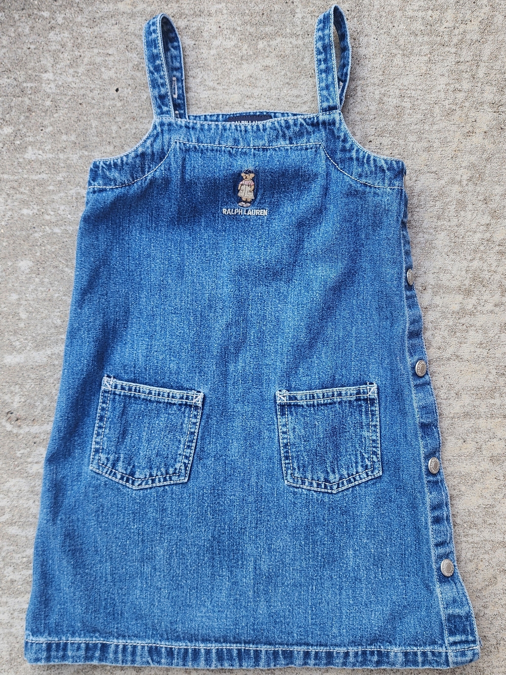 Vintage Ralph Lauren Girls Denim Dress Polo Bear Embroidered Jumper Size 5